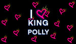 Bright neon pink hearts with gold crowns on black background with the words I Love King Polly - the Love is a heart and crown though